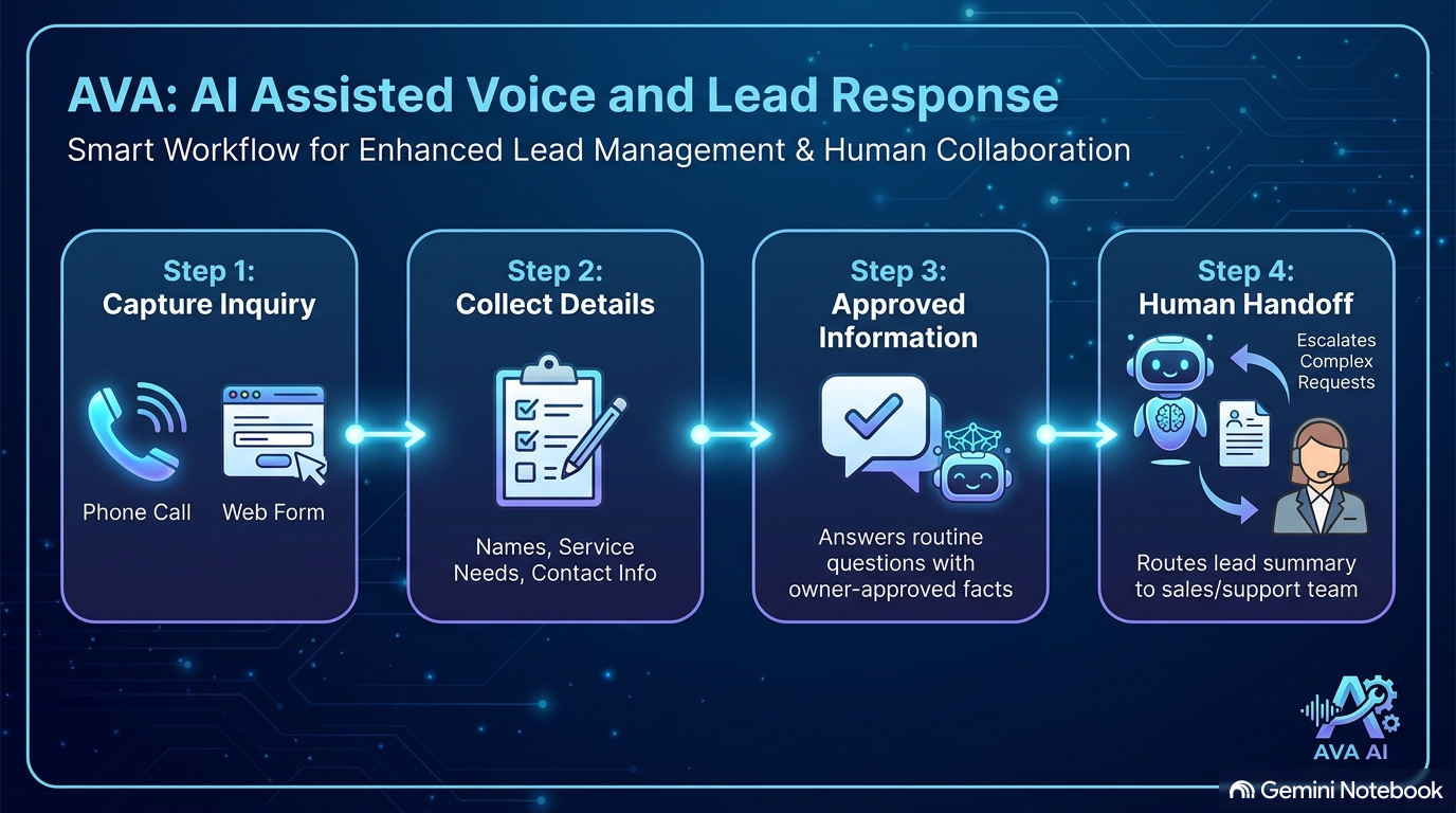AVA workflow from capturing an inquiry and collecting details to sharing approved information and handing complex requests to a person.