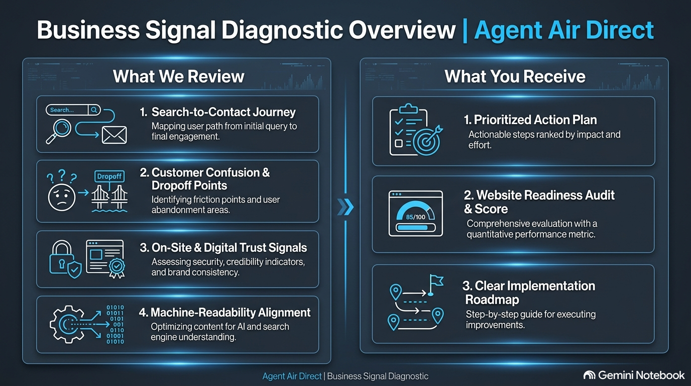 Business Signal Diagnostic overview showing what Agent Air Direct reviews and the action plan, readiness assessment, and implementation roadmap the client receives.